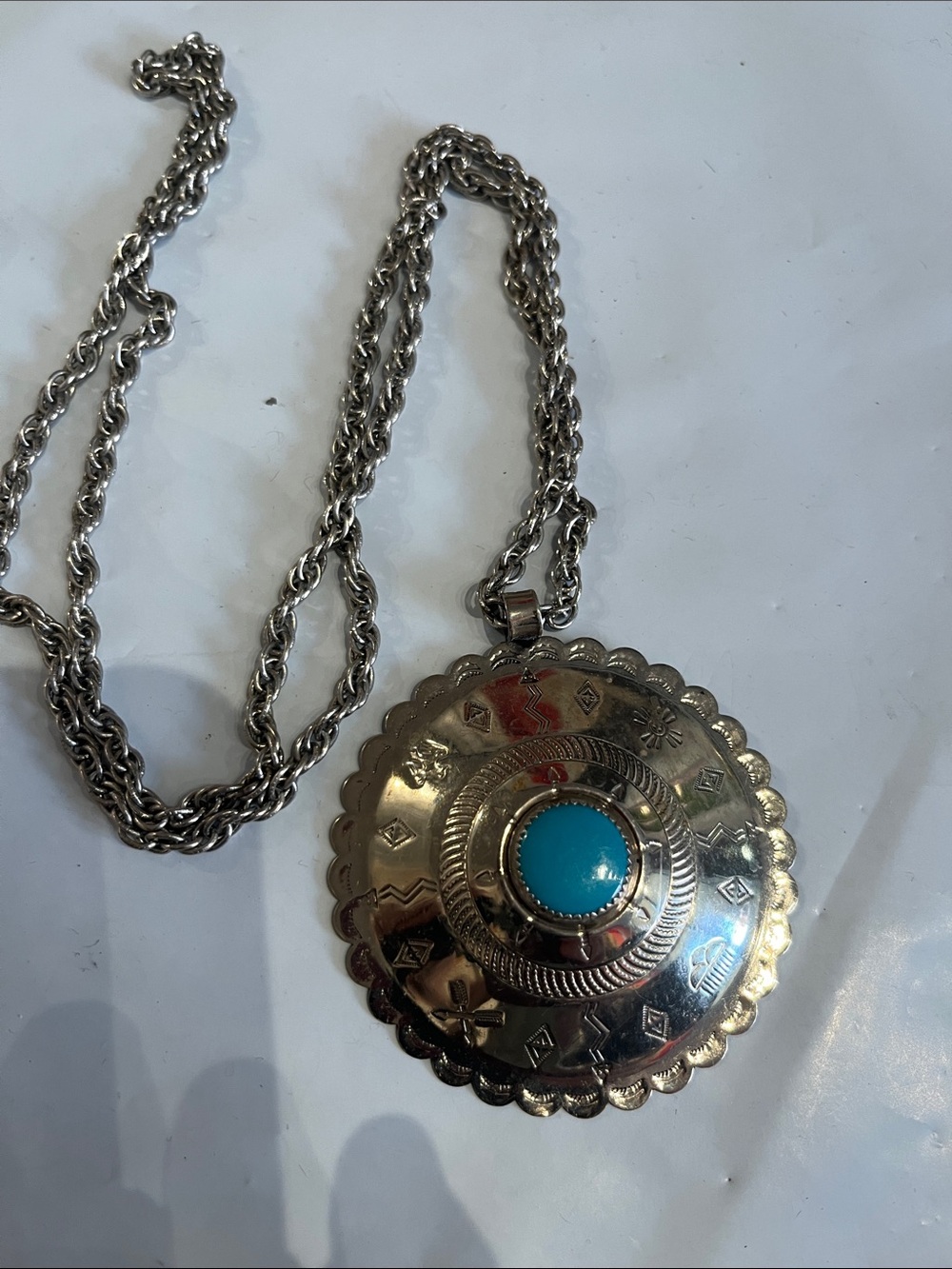 SOUTHWESTERN TRADING BELL, Nickle silver marked necklace , turquoise stone